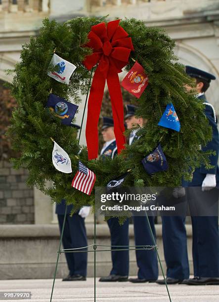 Members of the Civil Air Patrol Honor Guard during a ceremony for the Wreaths Across America on the West Front of the U.S. Capitol. The Wreaths...