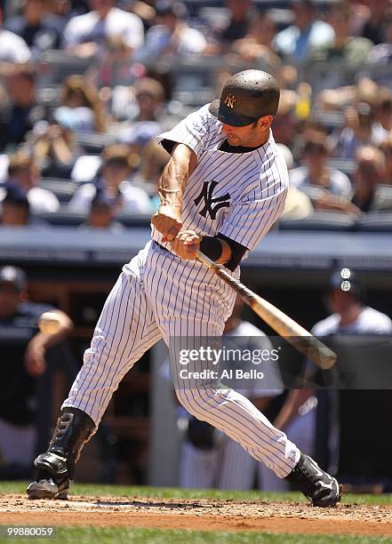 Jorge Posada of The New York Yankees in action against the Minnesota Twins during their game on May 16, 2010 at Yankee Stadium in the Bronx Borough...