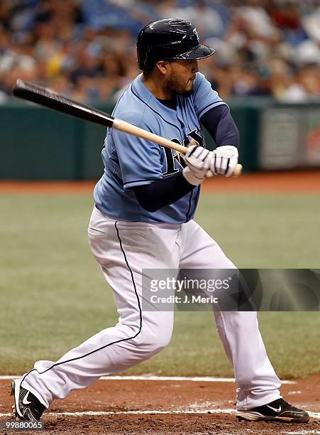 Catcher Dioner Navarro of the Tampa Bay Rays bats against the Seattle Mariners during the game at Tropicana Field on May 16, 2010 in St. Petersburg,...