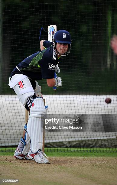 Alastair Cook of England Lions in action during a net session at The County Ground on May 18, 2010 in Derby, England.