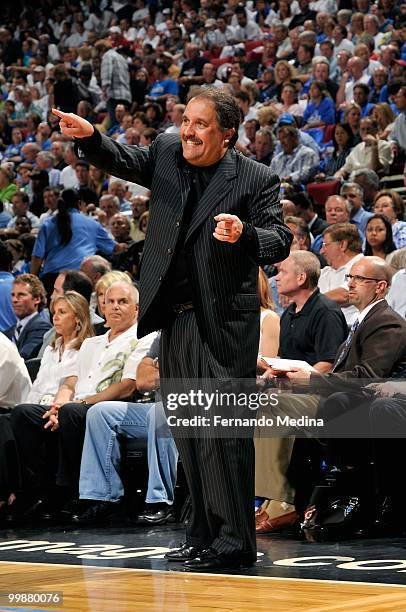 Head coach Stan Van Gundy of the Orlando Magic points to the court in Game One of the Eastern Conference Semifinals against the Atlanta Hawks during...