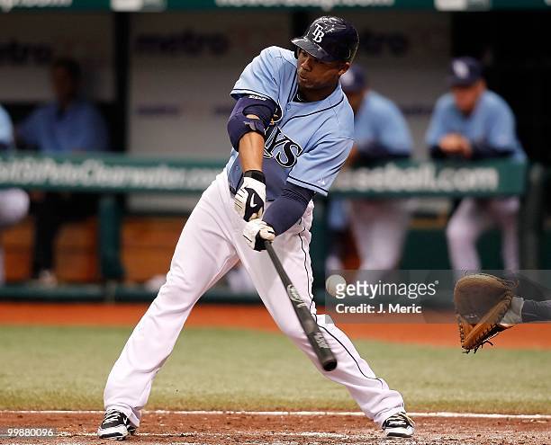 Outfielder Carl Crawford of the Tampa Bay Rays bats against the Seattle Mariners during the game at Tropicana Field on May 16, 2010 in St....