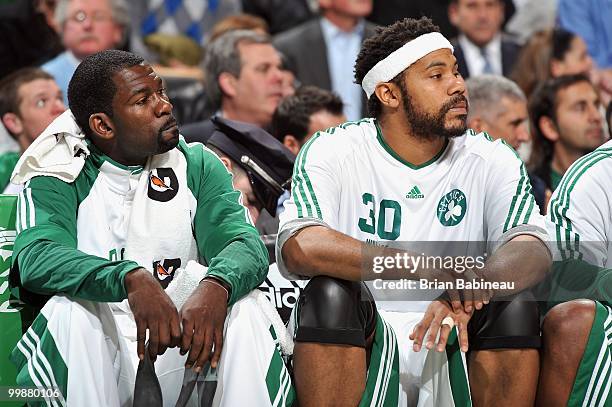 Michael Finley and Rasheed Wallace of the Boston Celtics look on from the bench during the game against the Memphis Grizzlies on March 10, 2010 at...