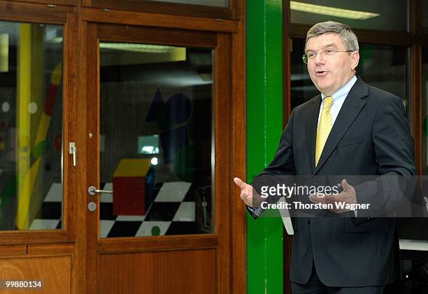 Thomas Bach, head of German Olympic Sport Association speaks to the media during the Children's dreams 2011 awards ceremony at the Riemenschneider...