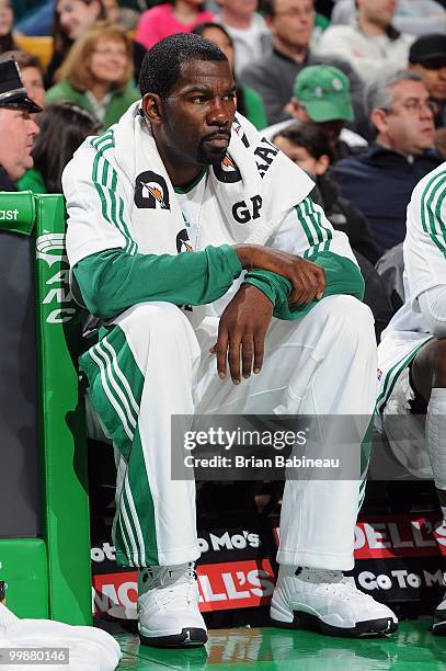 Michael Finley of the Boston Celtics sits on the bench during the game against the Indiana Pacers on March 12, 2010 at the TD Garden in Boston,...