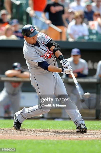 Jhonny Peralta of the Cleveland Indians bats against the Baltimore Orioles at Camden Yards on May 16, 2010 in Baltimore, Maryland.