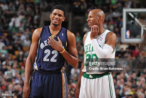 Rudy Gay of the Memphis Grizzlies and Ray Allen of the Boston Celtics stand on the court during the game on March 10, 2010 at the TD Garden in...