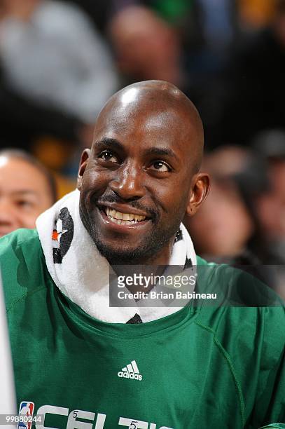 Kevin Garnett of the Boston Celtics cracks a smile during the game against the Indiana Pacers on March 12, 2010 at the TD Garden in Boston,...