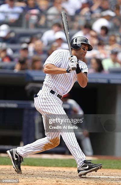 Marcus Thames of The New York Yankees in action against the Minnesota Twins during their game on May 16, 2010 at Yankee Stadium in the Bronx Borough...