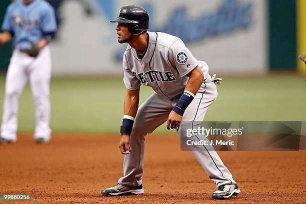 Outfielder Franklin Gutierrez of the Seattle Mariners leads off first against the Tampa Bay Rays during the game at Tropicana Field on May 16, 2010...
