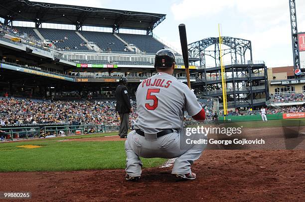 First baseman Albert Pujols of the St. Louis Cardinals waits on deck to bat during a game against the Pittsburgh Pirates at PNC Park on May 9, 2010...