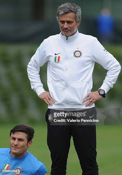 Internazionale Milano head coach Jose Mourinho attends an FC Internazionale Milano training session during a media open day on May 18, 2010 in...