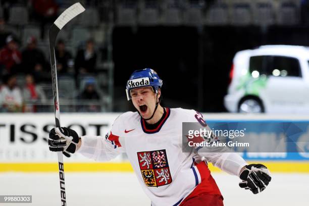 Ondrej Nemec of Czech Republic celebrates a goal during the IIHF World Championship group F qualification round match between Canada and Czech...
