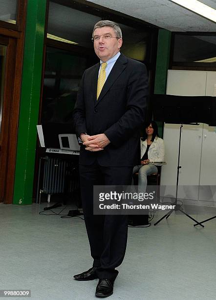 Thomas Bach, head of German Olympic Sport Association speaks during the Children's dreams 2011 awards ceremony at the Riemenschneider Realschule on...