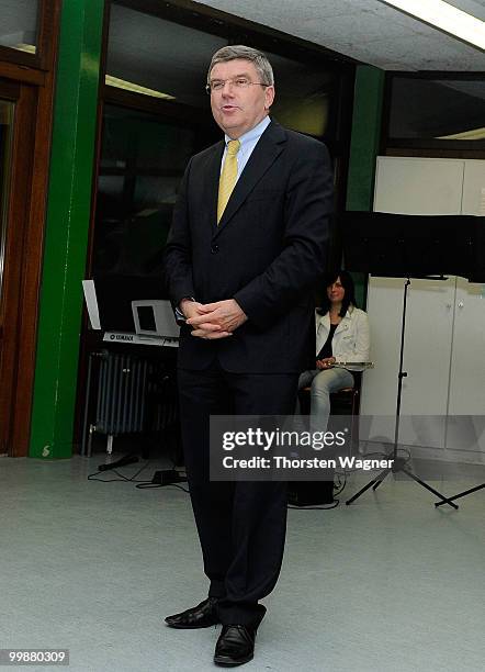 Thomas Bach, head of German Olympic Sport Association speaks during the Children's dreams 2011 awards ceremony at the Riemenschneider Realschule on...