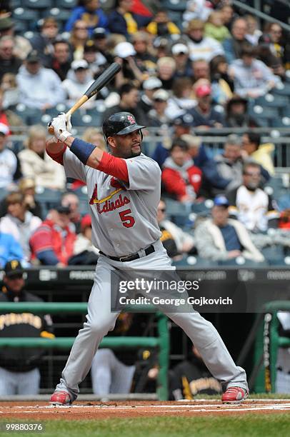 First baseman Albert Pujols of the St. Louis Cardinals bats during a game against the Pittsburgh Pirates at PNC Park on May 9, 2010 in Pittsburgh,...