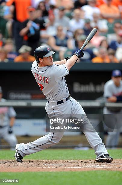 Matt LaPorta of the Cleveland Indians bats against the Baltimore Orioles at Camden Yards on May 16, 2010 in Baltimore, Maryland.