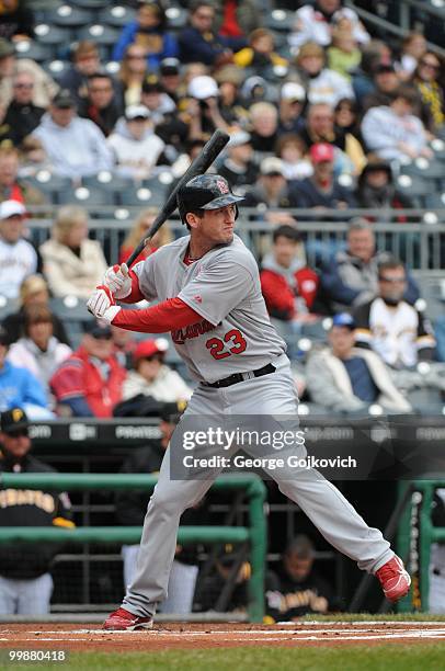 Third baseman David Freese of the St. Louis Cardinals bats during a game against the Pittsburgh Pirates at PNC Park on May 9, 2010 in Pittsburgh,...