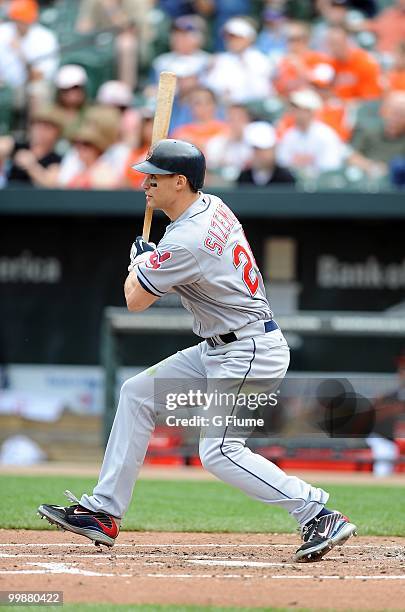 Grady Sizemore of the Cleveland Indians bats against the Baltimore Orioles at Camden Yards on May 16, 2010 in Baltimore, Maryland.