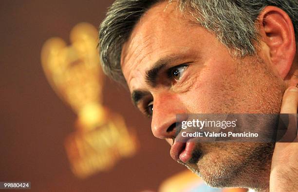 Internazionale Milano head coach Jose Mourinho attends an FC Internazionale Milano press conference during a media open day on May 18, 2010 in...