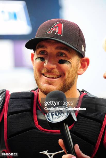 Jeff Mathis of the Arizona Diamondbacks is interviewed after the game against the Atlanta Braves at SunTrust Park on July 14, 2018 in Atlanta,...