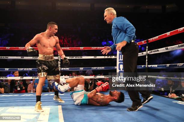 Teofimo Lopez knocks out William Silva during their WBC Continental Americas Title boxing match at the UNO Lakefront Arena on July 14, 2018 in New...