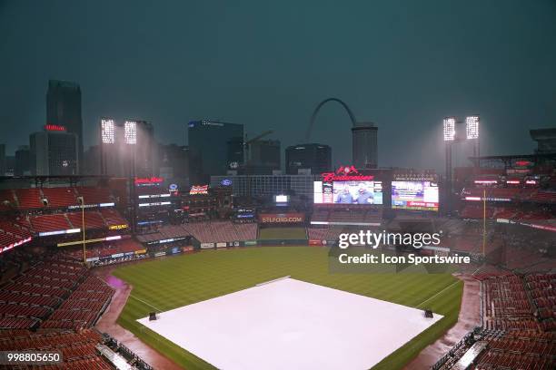 Rain delay at Bush Stadium during the game between the St. Louis Cardinals and Cincinnati Reds on July 14, 2018 at Bush Stadium in Saint Louis Mo.