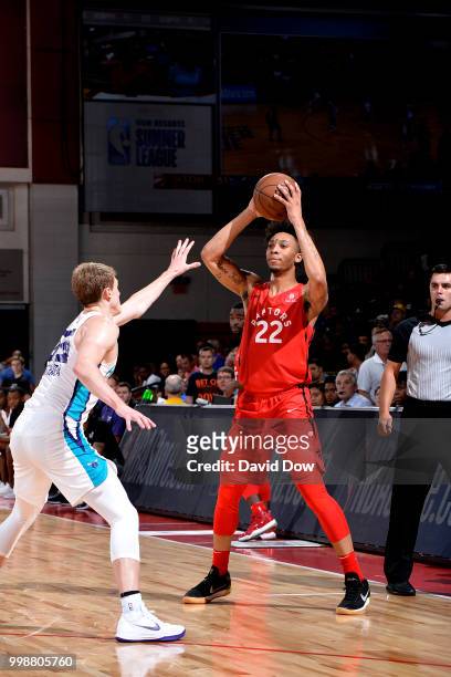 Malachi Richardson of the Toronto Raptors handles the ball against the Charlotte Hornets during the 2018 Las Vegas Summer League on July 14, 2018 at...