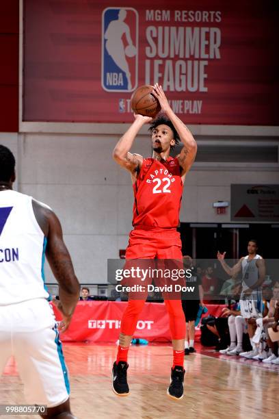 Malachi Richardson of the Toronto Raptors shoots the ball against the Charlotte Hornets during the 2018 Las Vegas Summer League on July 14, 2018 at...