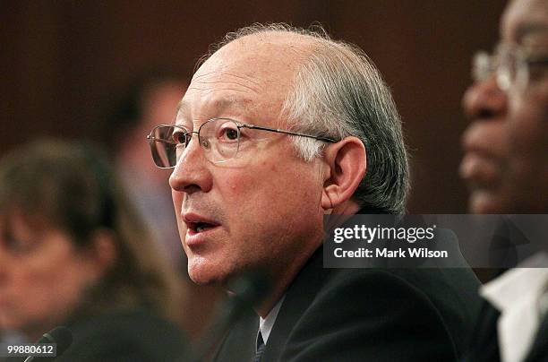 Interior Secretary Ken Salazar testifies during a Senate Energy and Natural Resources Committee hearing on Capitol Hill on May 18, 2010 in...