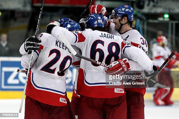 Jaromir Jagr of Czech Republic celebrates his team's third goal with team mates during the IIHF World Championship group F qualification round match...