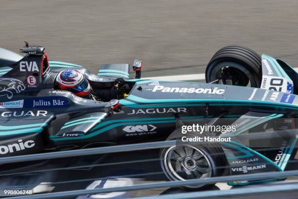 In this handout provided by FIA Formula E, Mitch Evans , Panasonic Jaguar Racing, Jaguar I-Type II during the New York City ePrix, Round 11 of the...