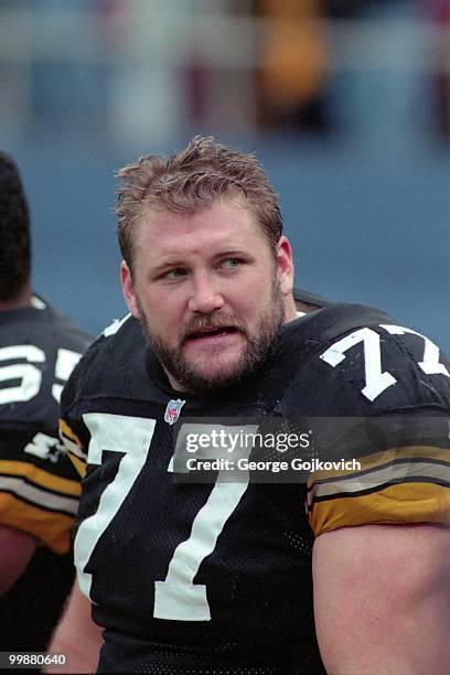 Offensive lineman Will Wolford of the Pittsburgh Steelers looks on from the sideline during a game against the Jacksonville Jaguars at Three Rivers...