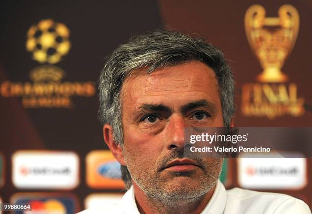 Internazionale Milano head coach Jose Mourinho attends an FC Internazionale Milano press conference during a media open day on May 18, 2010 in...