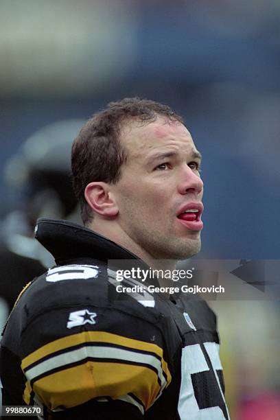 Linebacker Jerry Olsavsky of the Pittsburgh Steelers looks on from the sideline during a game against the Jacksonville Jaguars at Three Rivers...