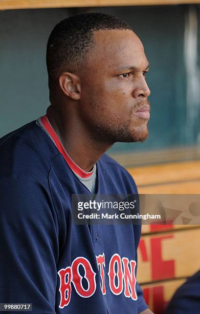 Adrian Beltre of the Boston Red Sox looks on during the game against the Detroit Tigers at Comerica Park on May 14, 2010 in Detroit, Michigan. The...