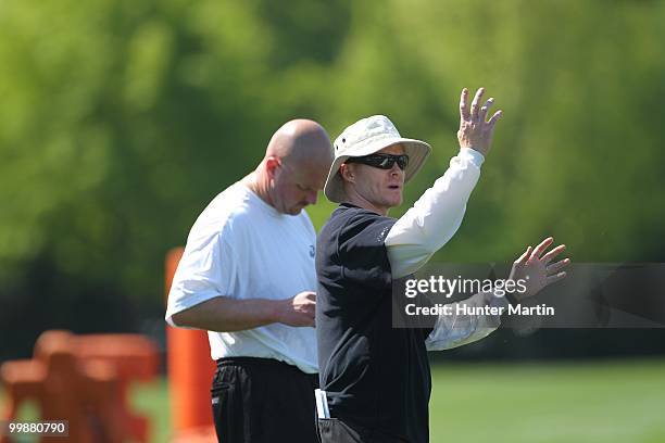 Defensive coordinator Sean McDermott of the Philadelphia Eagles coaches during mini-camp practice on April 30, 2010 at the NovaCare Complex in...