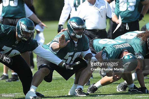 Center Nick Cole of the Philadelphia Eagles participates in drills during mini-camp practice on April 30, 2010 at the NovaCare Complex in...