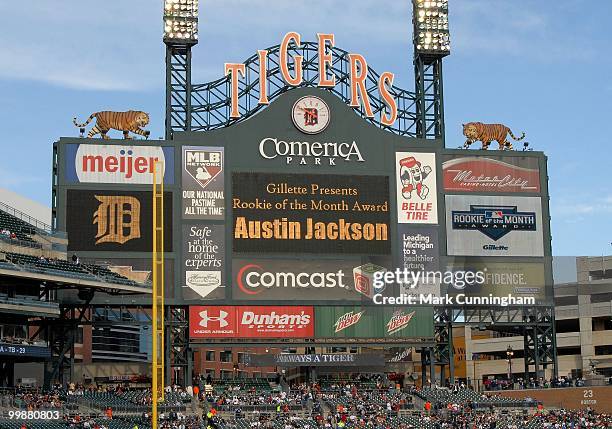 The scoreboard honors Austin Jackson of the Detroit Tigers as the Gillette Rookie Of The Month for April before the game against the Boston Red Sox...