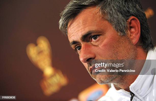 Internazionale Milano head coach Jose Mourinho attends an FC Internazionale Milano press conference during a media open day on May 18, 2010 in...