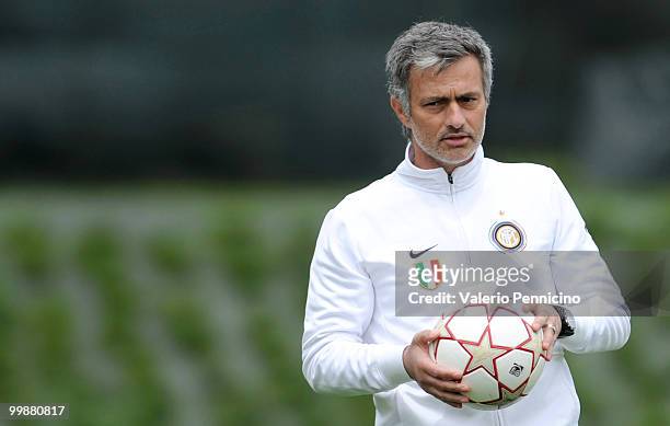 Internazionale Milano head coach Jose Mourinho attends an FC Internazionale Milano training session during a media open day on May 18, 2010 in...