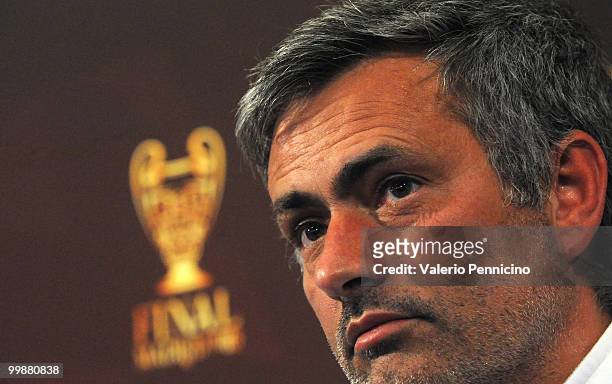 Internazionale Milano head coach Jose Mourinho attends an FC Internazionale Milano press conference during a media open day on May 18, 2010 in...