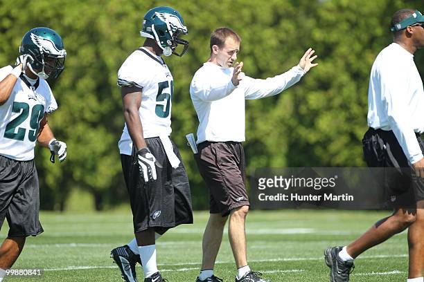 Linebackers coach Bill Shuey of the Philadelphia Eagles coaches during mini-camp practice on April 30, 2010 at the NovaCare Complex in Philadelphia,...
