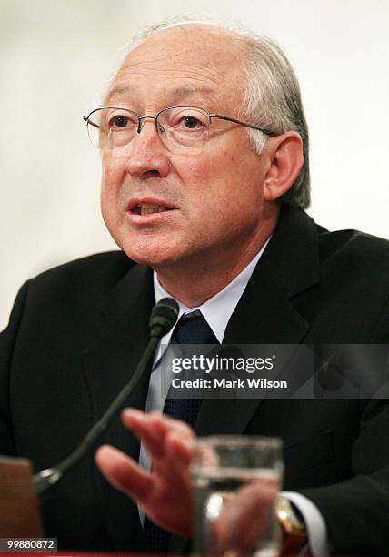 Interior Secretary Ken Salazar testifies during a Senate Energy and Natural Resources Committee hearing on Capitol Hill on May 18, 2010 in...