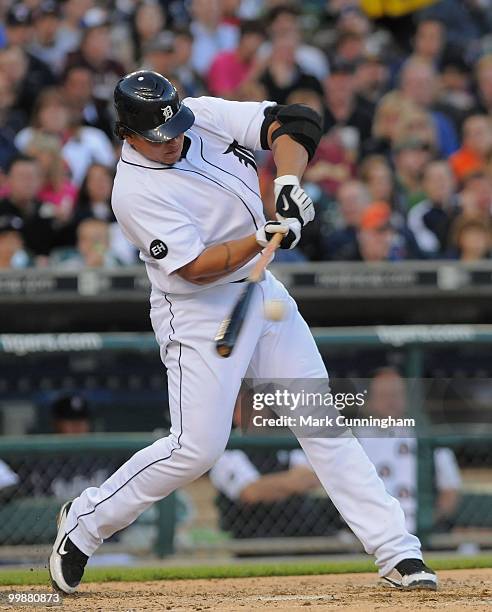 Miguel Cabrera of the Detroit Tigers bats against the Boston Red Sox during the game at Comerica Park on May 14, 2010 in Detroit, Michigan. The Red...