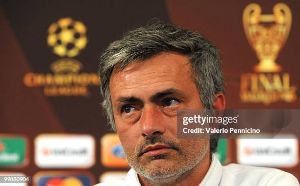 Internazionale Milano head coach Jose Mourinho attends an FC Internazionale Milano press conference during a media open day on May 18, 2010 in...