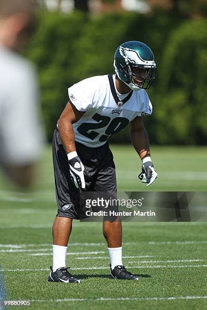 Safety Nate Allen of the Philadelphia Eagles participates in drills during mini-camp practice on April 30, 2010 at the NovaCare Complex in...
