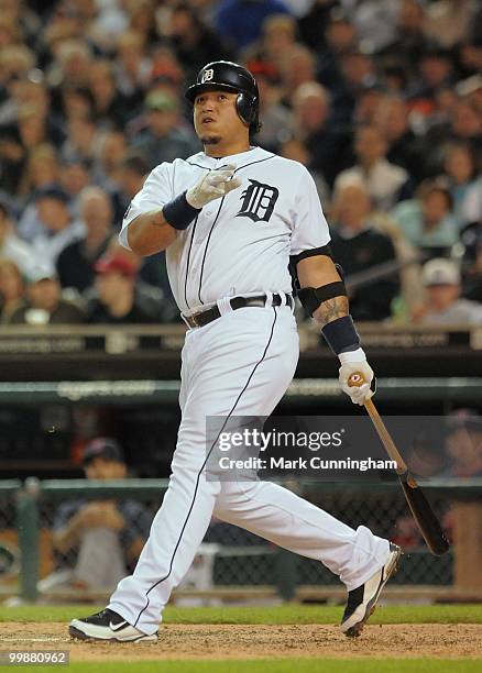 Miguel Cabrera of the Detroit Tigers bats against the Boston Red Sox during the game at Comerica Park on May 14, 2010 in Detroit, Michigan. The Red...