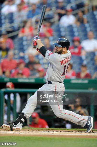 Mitch Moreland of the Boston Red Sox bats against the Washington Nationals at Nationals Park on July 3, 2018 in Washington, DC.