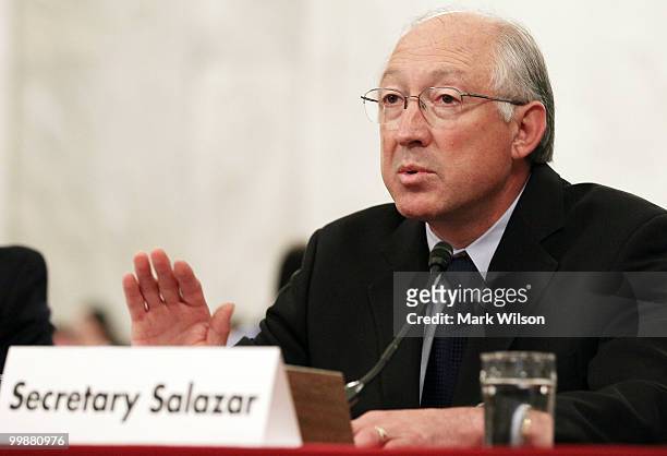 Interior Secretary Ken Salazar testifies during a Senate Energy and Natural Resources Committee hearing on Capitol Hill on May 18, 2010 in...